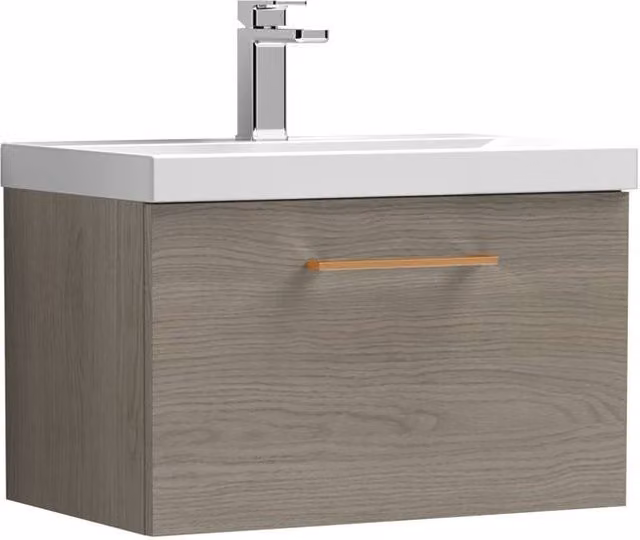Balterley Mid Oak Wall Hung 1 Drawer Vanity Basin Unit with Copper Handle in Brown – 1