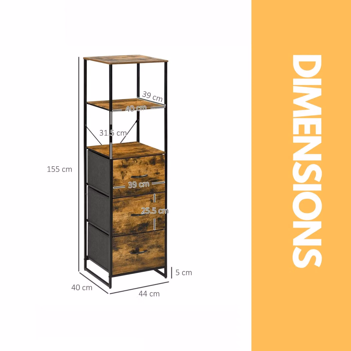 Pirlo Plush Industrial Storage Cabinet with 2 Open Shelves in Rustic Brown and Black, H 155 x W 44 x D 40 cm – 2