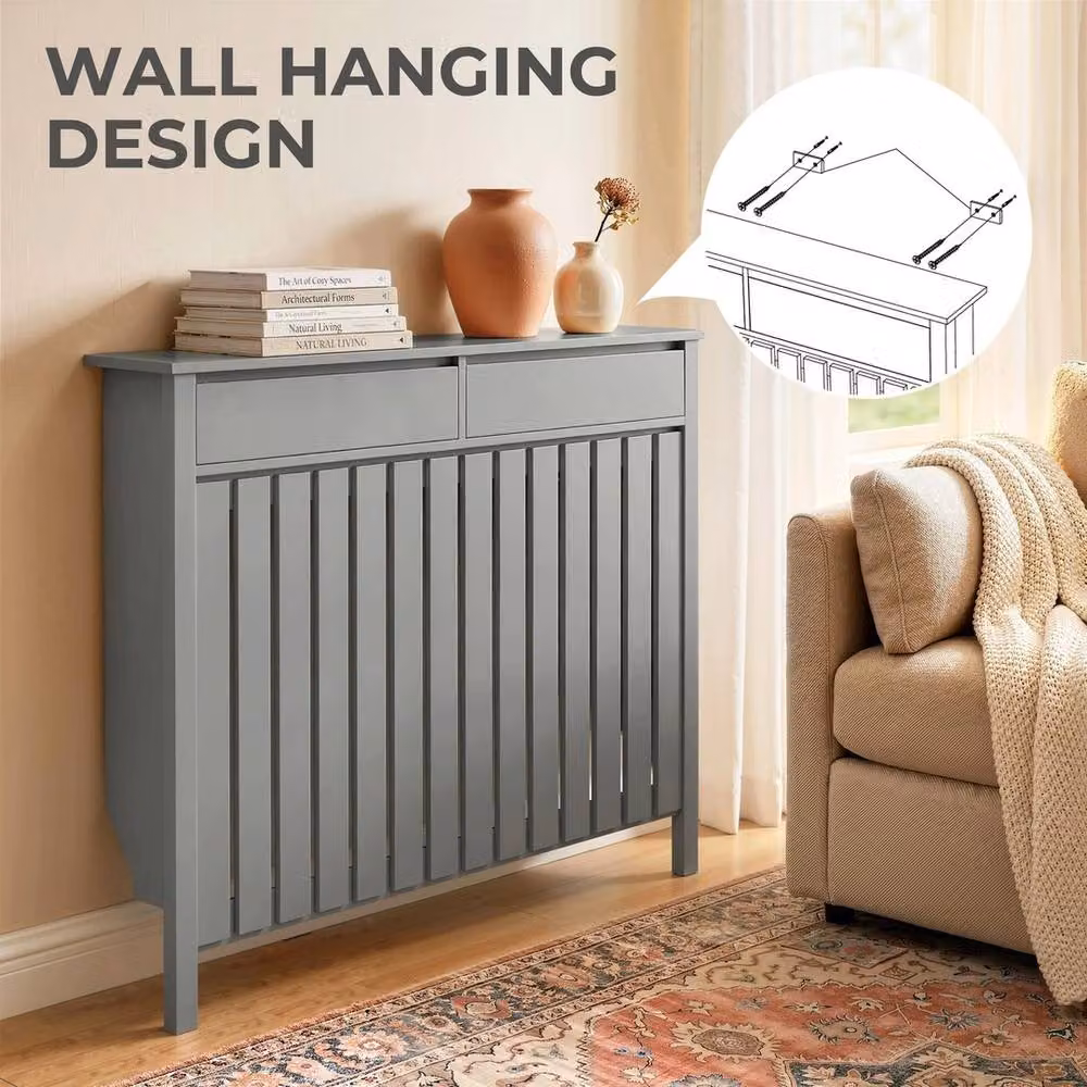 NESTLUNE Large Radiator Cover with Drawers and Vertical Slats, Grey, W: 119 cm, D: 19 cm, H: 93 cm – 2