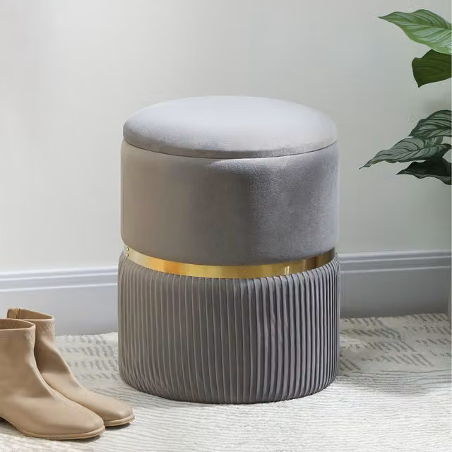 HOMCOM Round Velvet Storage Pouffe and Padded Foot Stool in Grey