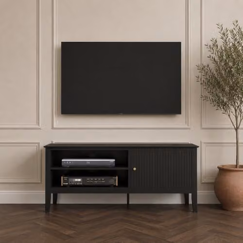 Melody Maison Hales Black Wooden Fluted TV Cabinet with Gold Details, W/D/H: 120 x 50 x 40 cm – 1