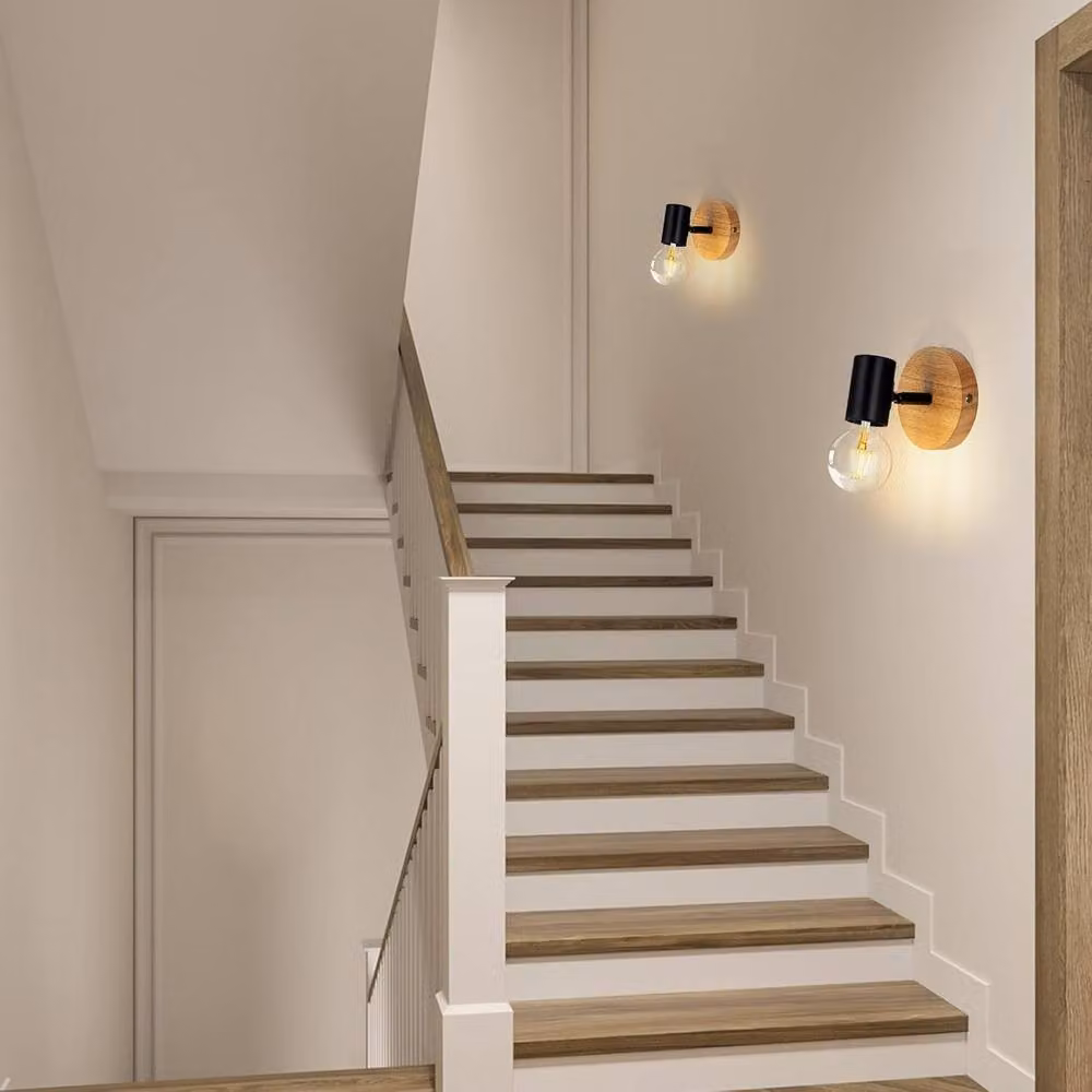 Goeco Set of 2 Black and Wood Industrial Wall Sconces with 350 Degree Rotation for Bedroom Reading – 4