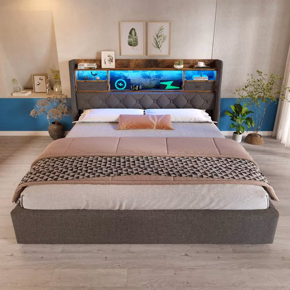 FENCHILIN Upholstered LED Bed Frame in Grey with Hydraulic Storage, USB Charging Ports and Bedside Shelves, Size: 140 x 200 cm – 1