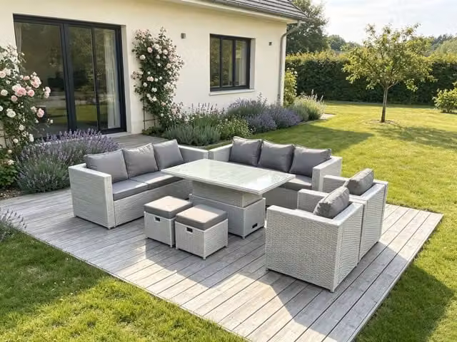 Fimous Rattan Garden Furniture Set in Grey with Adjustable Lifting Table, 3-Seater Sofa, Armchair and Ottoman – 2
