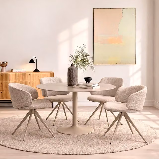 Furniture To Go Ibiza Round Beige Dining Table with 4 Ella Swivel Cream Dining Chairs
