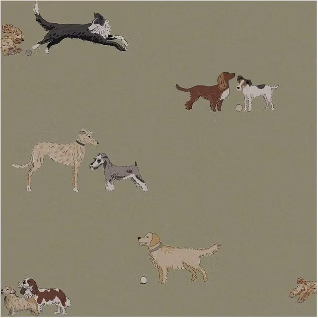 Sophie Allport Doggy Daycare Mossbank Green Animal Print Wallpaper, Width: 52 cm