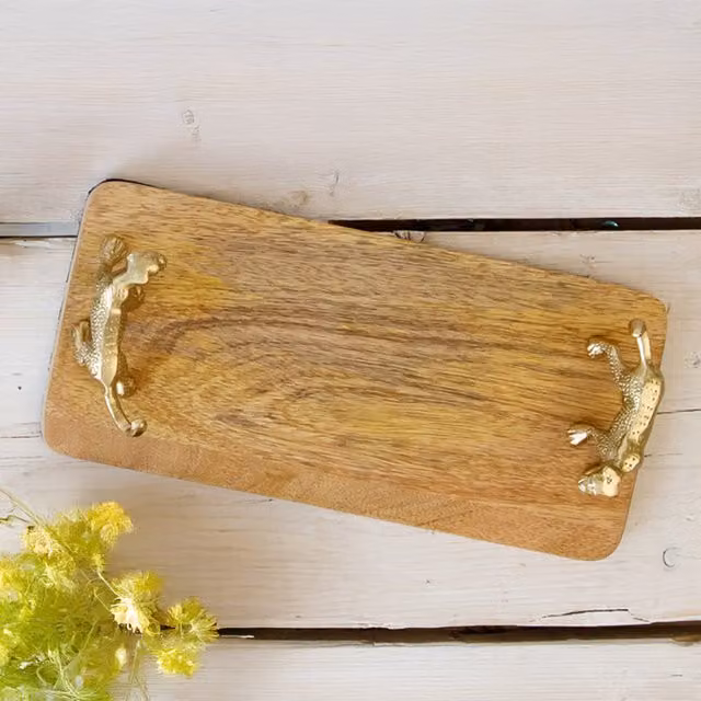 Artesa Rectangular Mango Wood Serving Tray with Handles in Brown and Gold