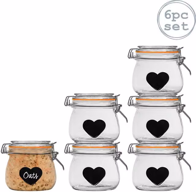 Nicola Spring Airtight and Leakproof Glass Storage Jars with Silicone Seals, 0.5 l, Pack of 6, Transparent and Yellow