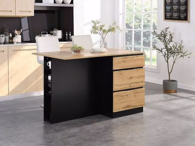 Vente-unique Central Kitchen Island with 6 Drawers and 4 Recesses in Light Natural and Black, W: 140 cm, D: 91 cm, H: 80 cm – 1