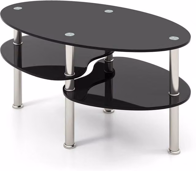 Kelvenix Modern Oval 3-Tier Smooth Glass Tea Table in Black