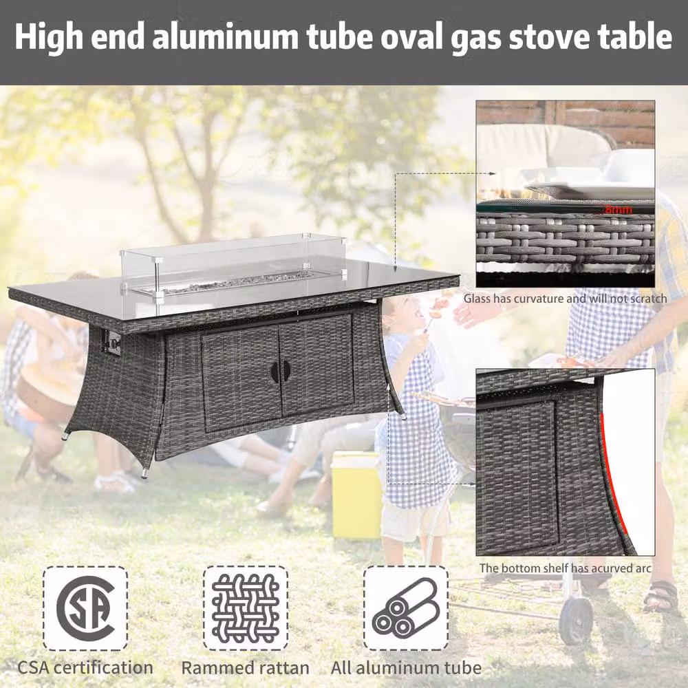 Direct Wicker 6-Seat Grey Rattan Rectangular Fire Pit Dining Table with Powder Coated Aluminium Frame and Glass Top – 2