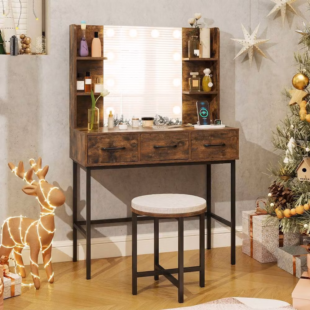 Costway Brown Industrial Vanity Desk Set with Hollywood LED Mirror, Stool, and Power Outlets – 4