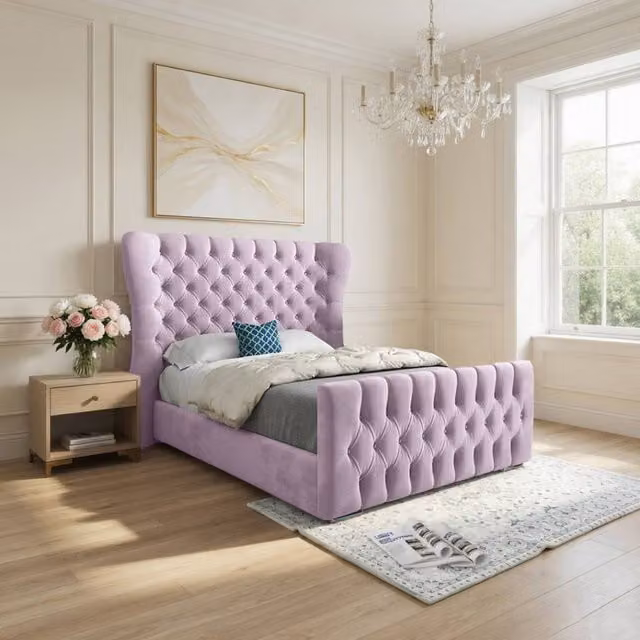 KDMD Zelah Wide Curved Designer Bed Frame in Pink Soft Velvet, Double Size (140 x 200 cm) – 1
