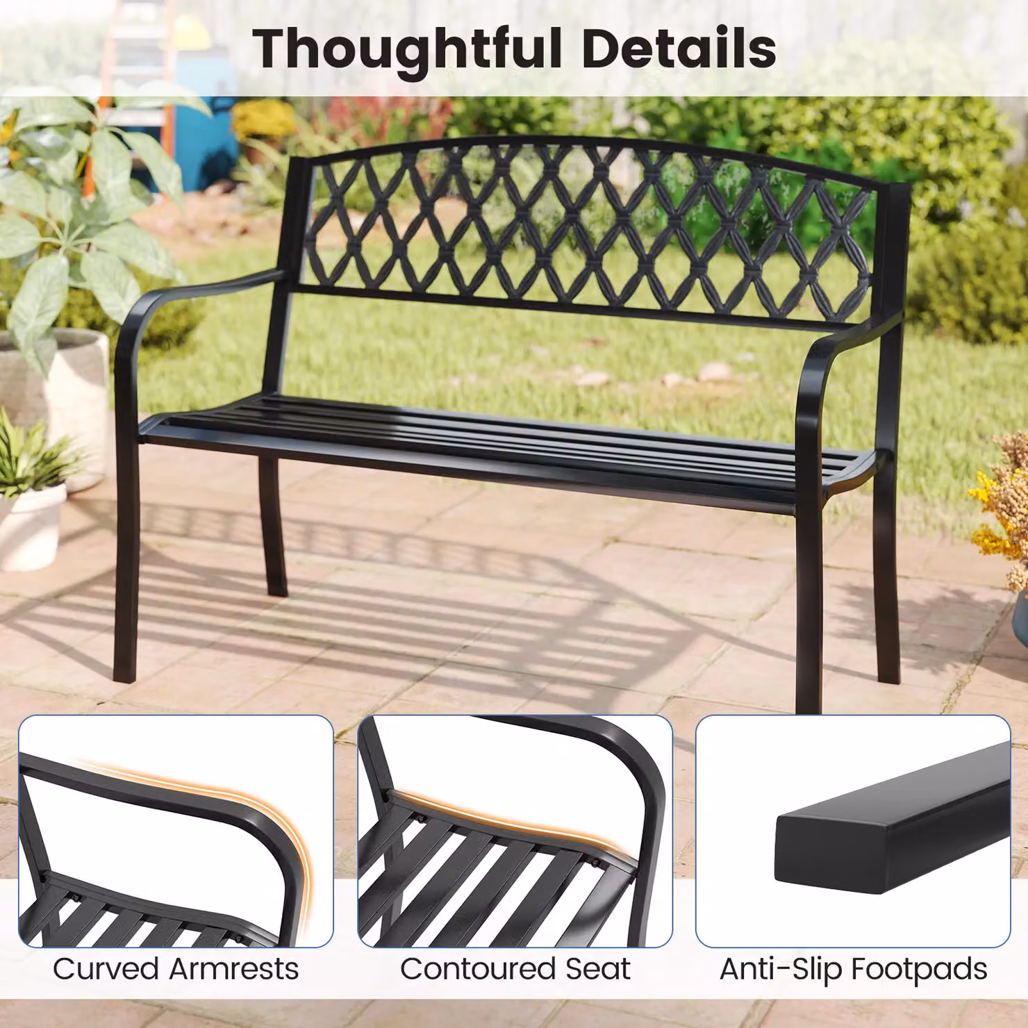 Gymax Heavy-Duty Metal 2-Seater Garden Bench in Matt Black – 7