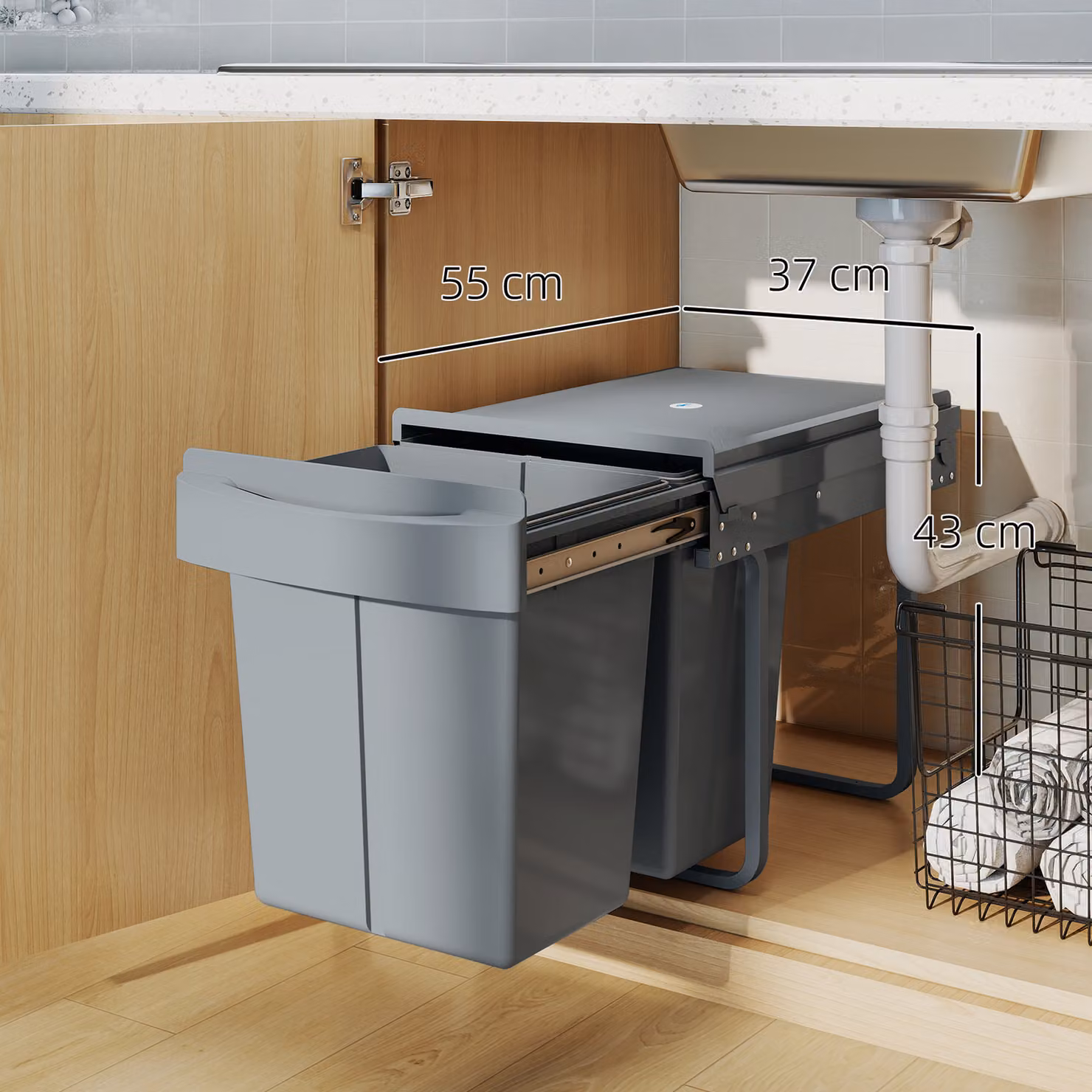 HOMCOM Grey Pull Out Kitchen Under Sink Bin with 2 Removable Compartments and Frosted Storage Lid, 40L (20L+20L) – 7
