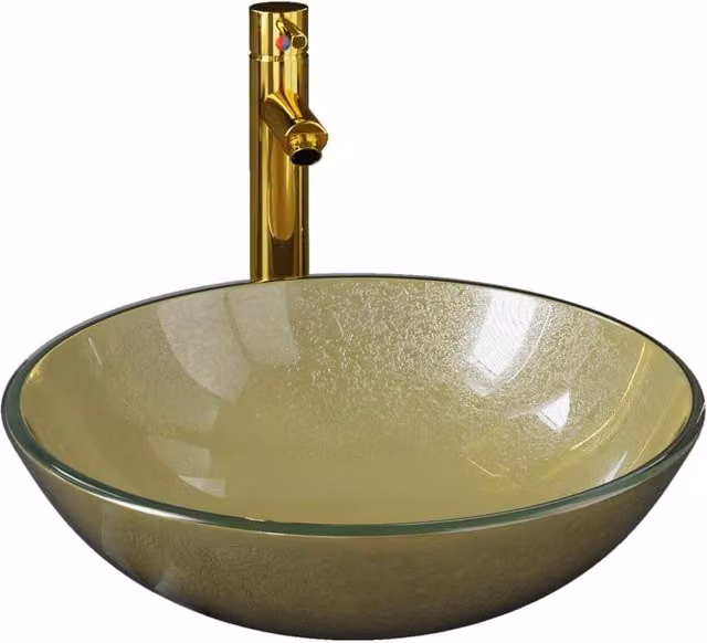 Berkfield Home Gold Round Tempered Glass Countertop Bathroom Sink with Tap and Push Drain – 1
