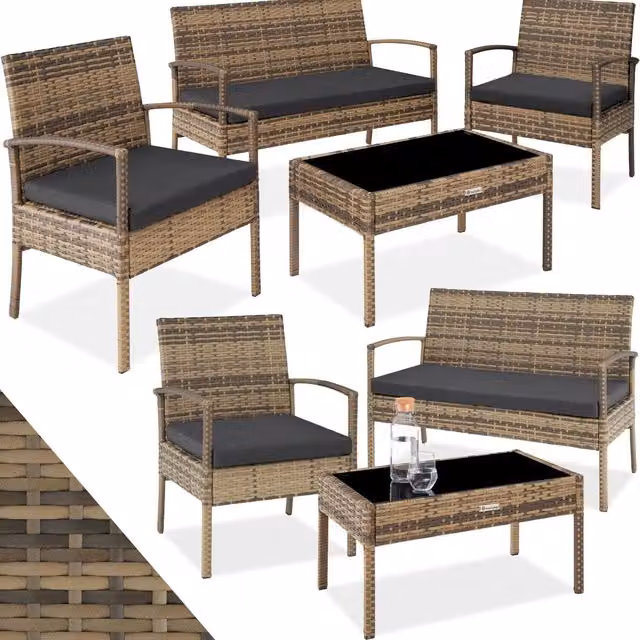 tectake Modern Brown Rattan Garden Furniture Set with Glass Top