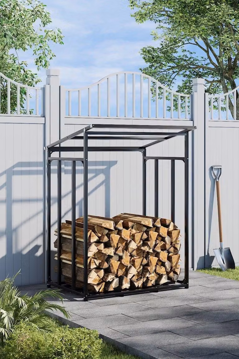 Garden Sanctuary Black Metal Outdoor Firewood Storage Rack with Roof, W: 109.7 cm, D: 70.1 cm