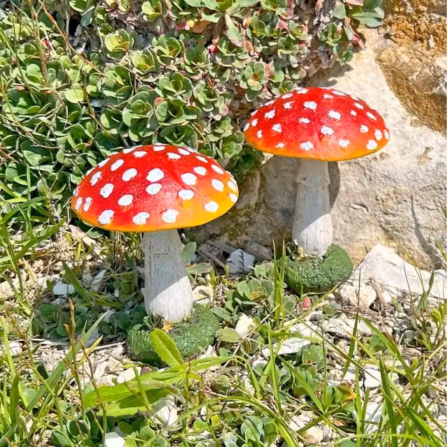 Farmwood Pair of Red Dotted Garden Mushroom Ornaments in Resin