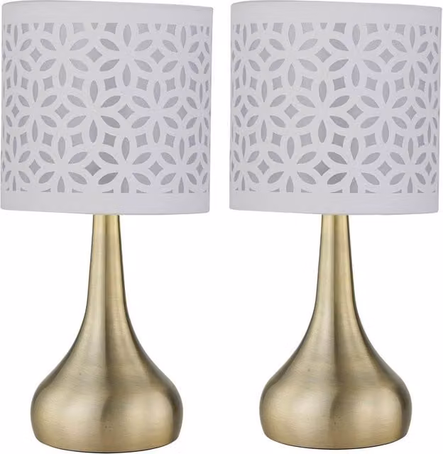 First Choice Lighting Romana Set of 2 Touch Table Lamps in Antique Brass with White Fabric Shades – 1