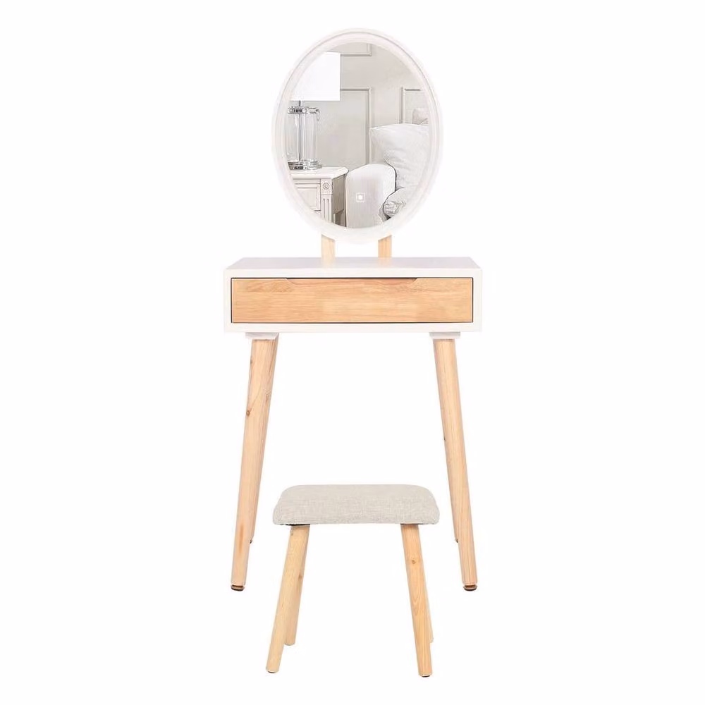 FORGEVIO White Modern Dressing Table Vanity Set with Hollywood LED Mirror and Upholstered Frame – 2