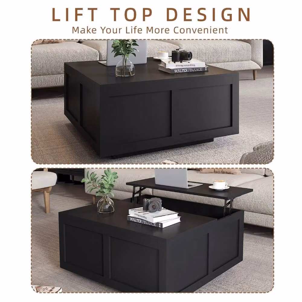 NESTLUNE Black Modern Wood Lift Top Coffee Table with Large Storage, W: 100 cm, D: 40 cm, H: 15 cm – 3