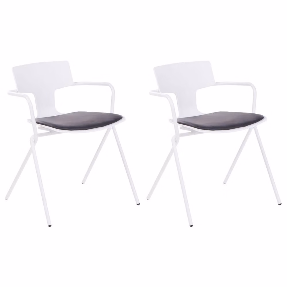 Wyld and Coco Set of 2 Modern Conference Chairs with White Shell, Black PU Cushion and Metal Legs – 2