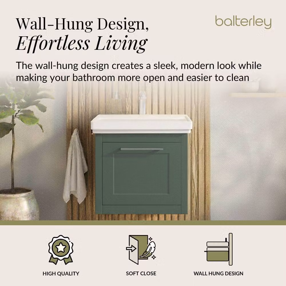 Balterley Wall Hung 1 Drawer Vanity Unit and 1TH Fireclay Basin, Green, Width: 50 cm – 2