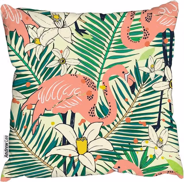 Benjamin Tate Design LTD Abstract Flamingos With Palm Leaves Outdoor Cushion, Green and Pink, W: 60 cm, H: 60 cm