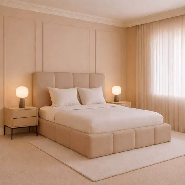 Desire Deco Monaco Plush Velvet Upholstered Bed Frame in Beige – 1