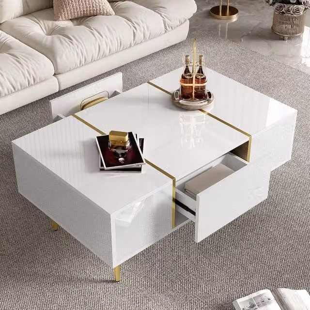 Merax White High-Gloss Coffee Table with 2 Drawers, W: 100 cm, D: 60 cm, H: 41.5 cm – 1