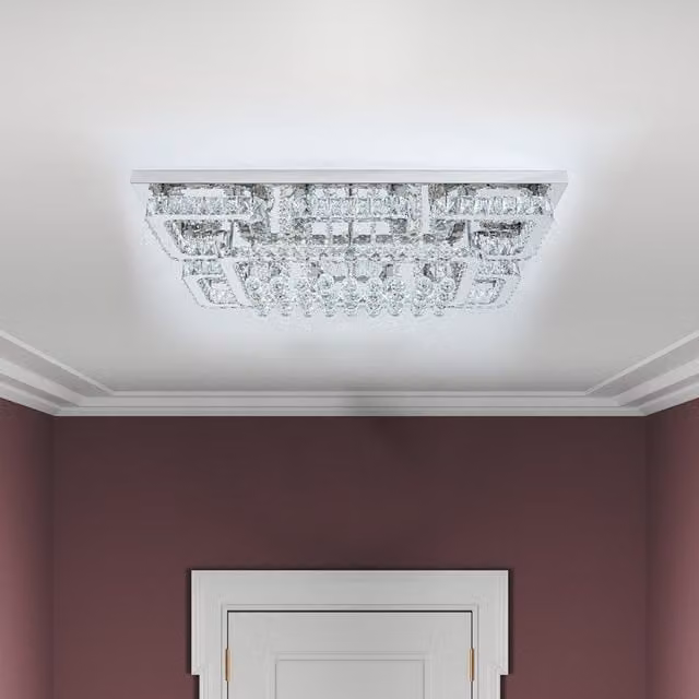 Livingandhome Modern Double Layer Crystal and Stainless Steel Pendant Light in Silver, 100cm