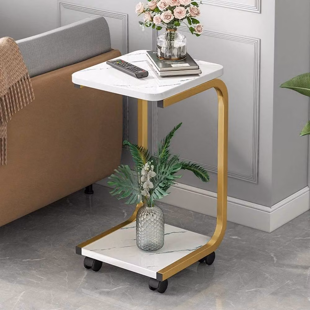 KORVIXA Gold and White C-Shaped Side Table with Serving Tiers and Castors – 3