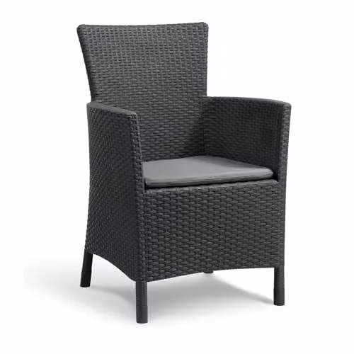 Keter Miami Balcony Set in Grey, featuring 2 Wicker-Style Chairs with Cushions and a Storage Table