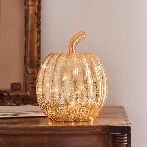 Lights4fun Gold Mottled Glass Pumpkin Battery Operated LED Autumn and Halloween Tabletop Decoration, Height: 21 cm – 4