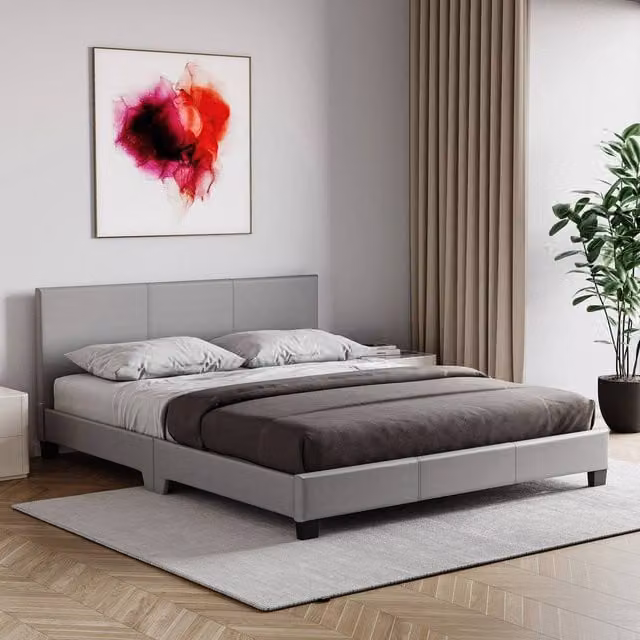HD Designs Lisbon Double Upholstered Faux Leather Bed Frame with Storage in Grey, 140 x 200 cm