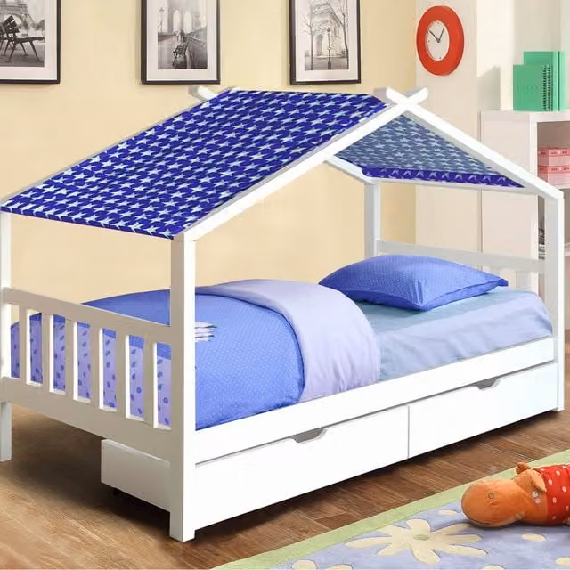 Comfy Living Wooden House Storage Bed for Children with Drawers and Fabric Tent, White and Blue, W/D/H: 90 x 190 cm