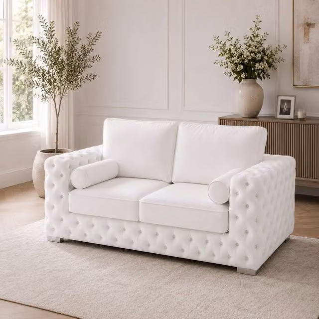 Stratus Interiors Ashley Tufted Chesterfield 2 Seater Fabric Living Room Sofa in White, W: 177.8 cm, H: 76.0 cm, D: 67.0 cm – 1
