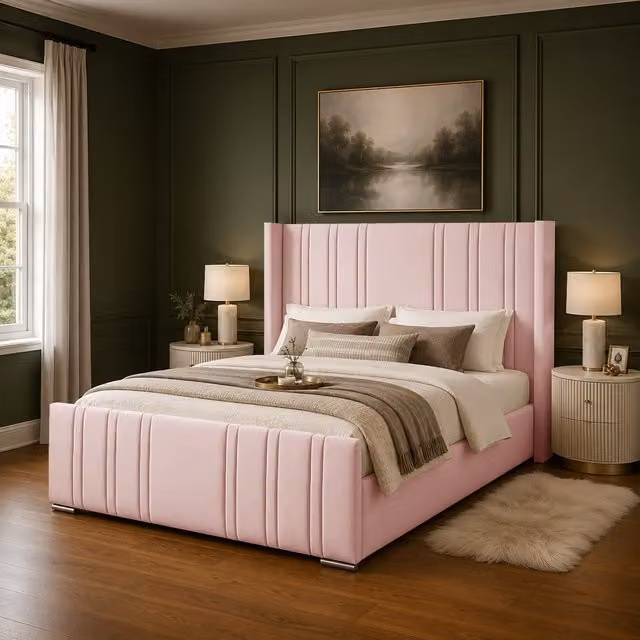 Desire Deco Gerald Luxury Upholstered Wingback Bed Frame in Pink Velvet, 180 x 200 cm