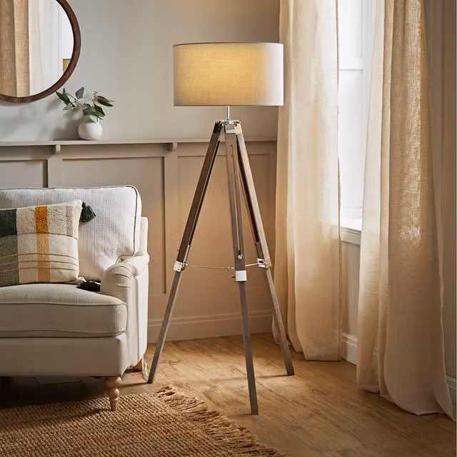 ValueLights Clipper Tripod Floor Lamp with Grey Fabric Drum Shade