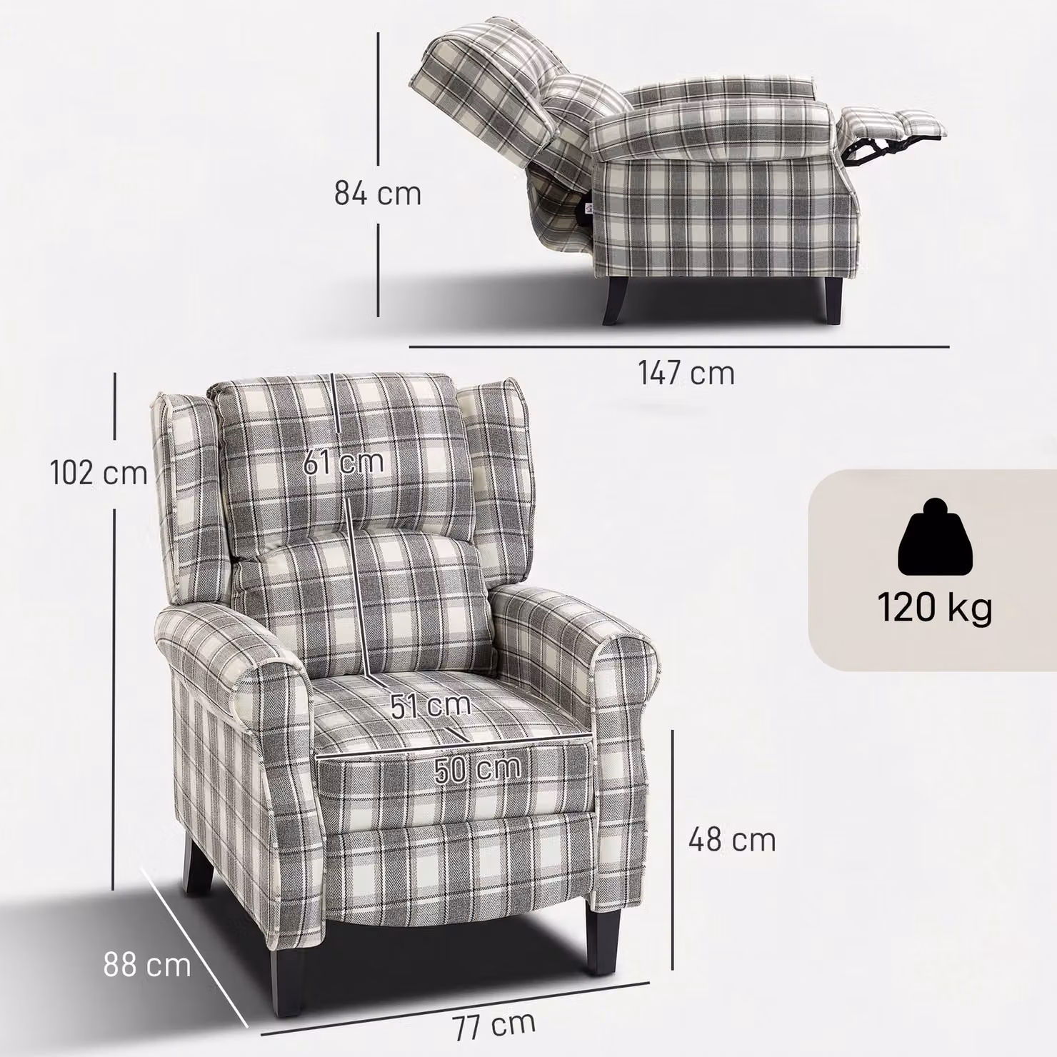 HOMCOM 160 Degree Reclining Armchair with Integrated Footrest in Grey and White Checked Fabric – 3