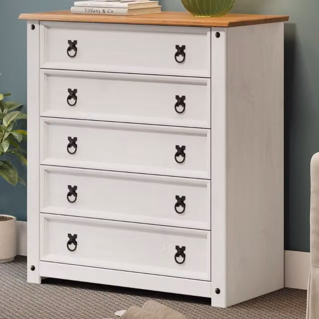 Mercers Furniture Corona Small 5 Drawer Chest of Drawers in Distressed White Waxed Solid Pine