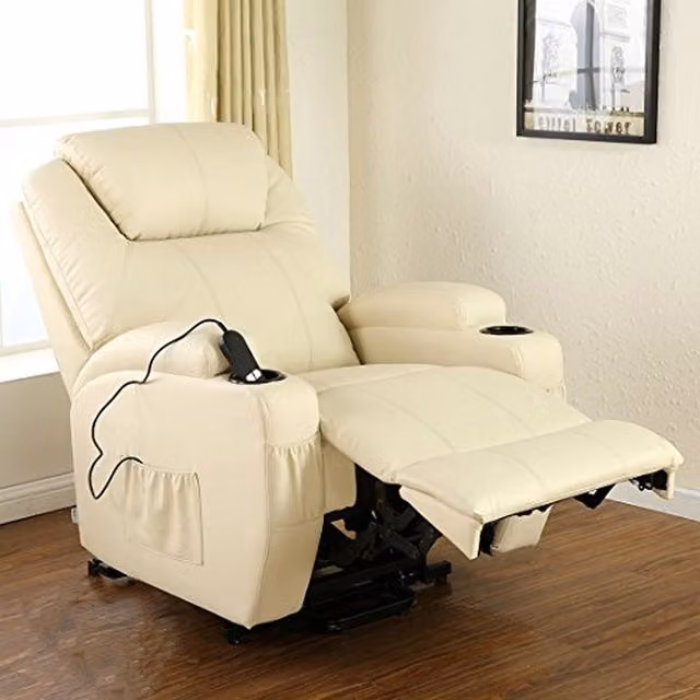 More4Homes Cinemo Single Motor Rise Recliner Heat and Massage Chair in Cream Bonded Leather