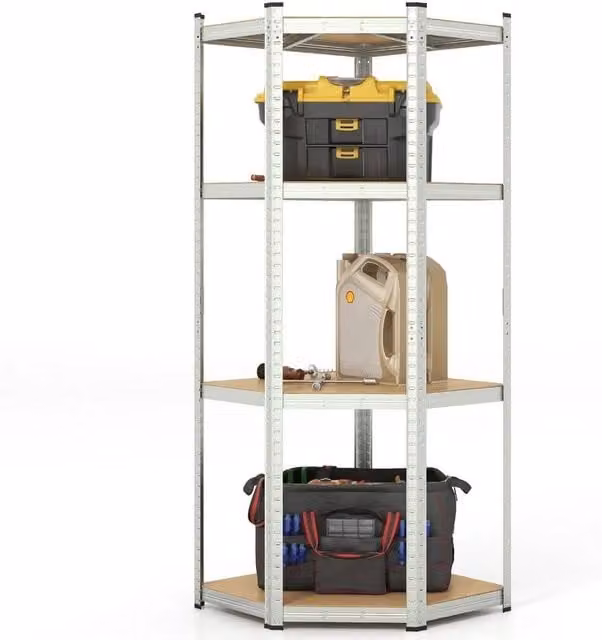 Kelvenix 4-Tier Adjustable Metal Corner Shelving Unit in Silver, H 180 x W 100 x D 52 cm