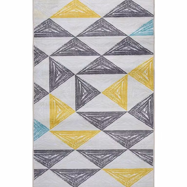 Wyld and Coco Grey and Yellow Geometric Scandinavian Rectangular Low-Pile Rug, W: 80 cm, L: 150 cm