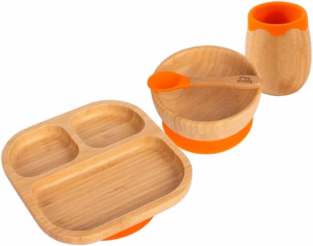 Tiny Dining 4-Piece Divided Bamboo and Silicone Baby Feeding Set, Orange