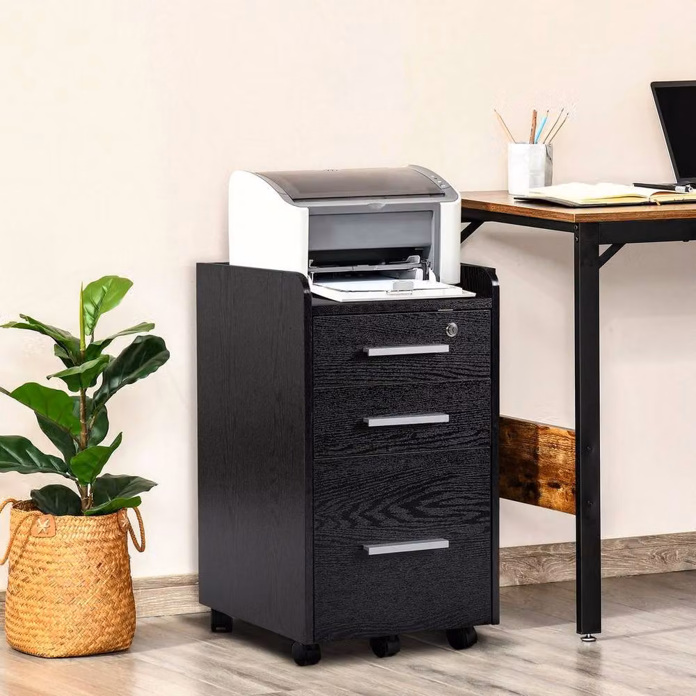 KORVIXA Black 3 Drawer Mobile Filing Cabinet with Lock and Castors – 3