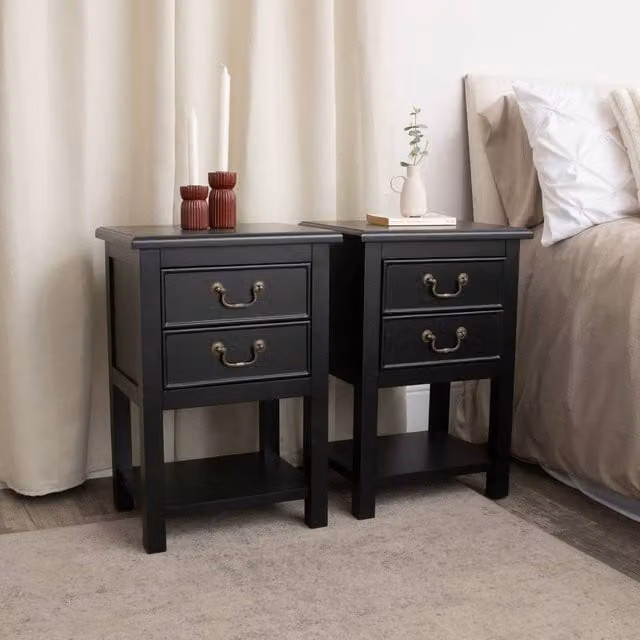 Melody Maison Briggs Range Set of 2 Black Lacquered 2 Drawer Bedside Tables with Shelf