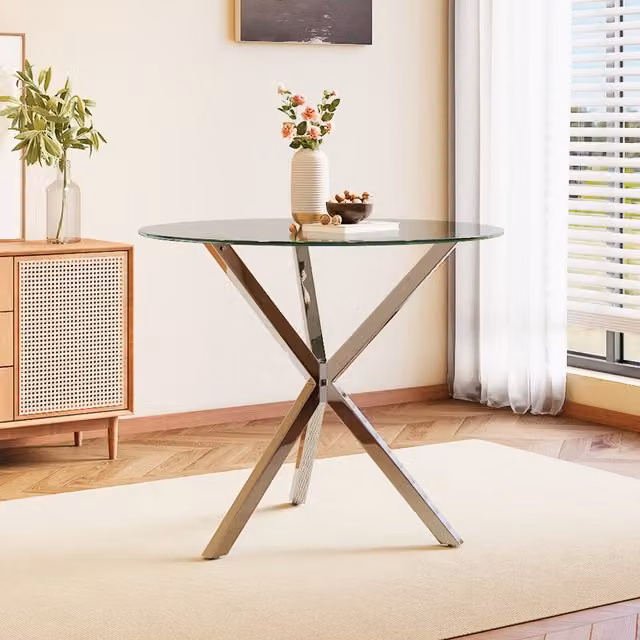 Livingandhome Modern Round Clear Tempered Glass Top Dinner Table with Silver X-Frame