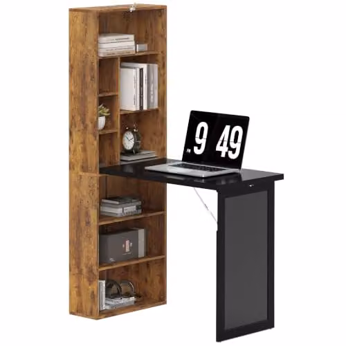 HOMCOM Wall Mounted Folding Computer Desk with Blackboard, Rustic Brown